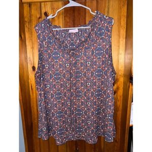 Molly Isadora 3X Floral Print Tie Neck Sleeveless Blouse‎ Top